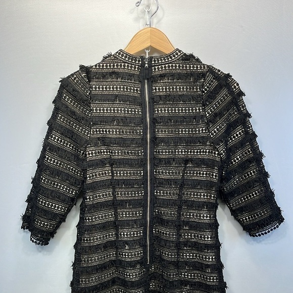 J. Crew Fringe Midi Dress 6 Black boho Tan lined Sheath 3/4 Sleeves - Picture 3 of 10